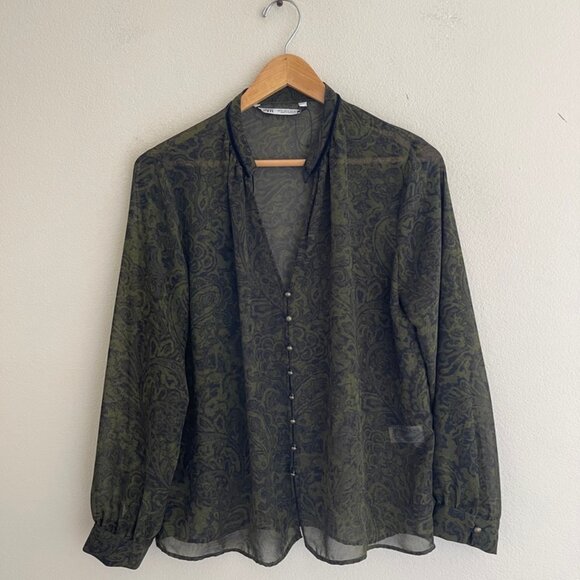 ZARA Forest Green & Black Print Lightweight Button Down Blouse: NWOT! Medium - Picture 1 of 7